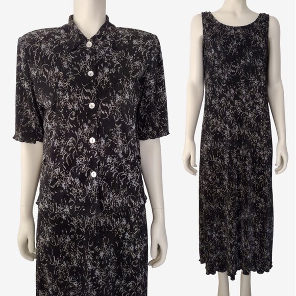 Vintage Dresses & Skirts - Vintage 1990s Black 2 Piece Crinkle Pleat Sleeveless Maxi Dress Jacket Set